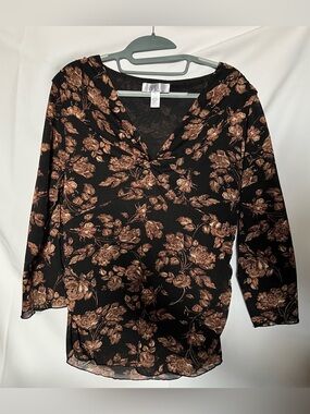Nine West Black Floral V-Neck Mesh Blouse
